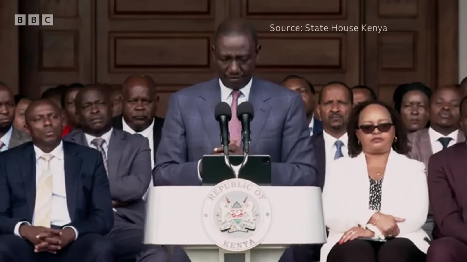 President William Ruto at a podium at State House announcing he will not sign the finance bill.